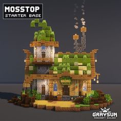 an image of a house made out of lego blocks with moss growing on the roof