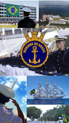 the collage shows many different pictures including ships, flags and people in uniform with hats