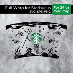 the starbucks logo with fish and skeletons on it, is shown in black and white