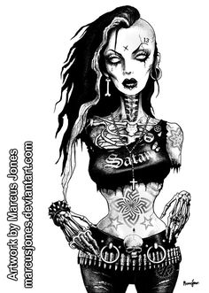 a black and white drawing of a woman with tattoos