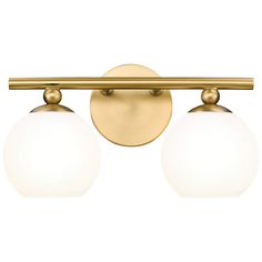 two light bathroom fixture in brass finish with white glass balls on the front and sides