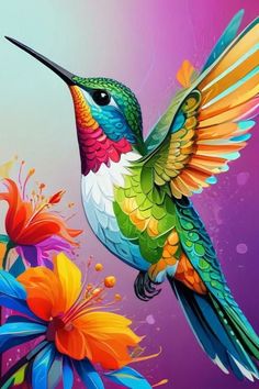 a painting of a colorful hummingbird flying over flowers