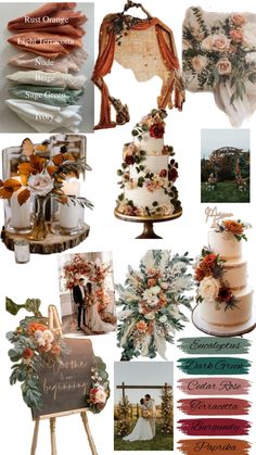 a collage of different wedding cakes and desserts with flowers on them, including roses