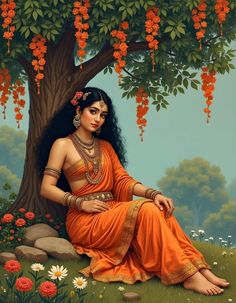 a painting of a woman in an orange sari sitting under a tree with flowers