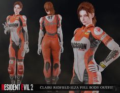 a female motorcyclist in an orange and white racing suit with her hands on her hips