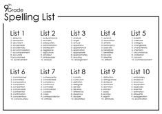 the grade spelling list is shown in black and white, with numbers on each side