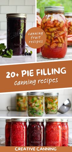 the canning process is shown with mason jars filled with food