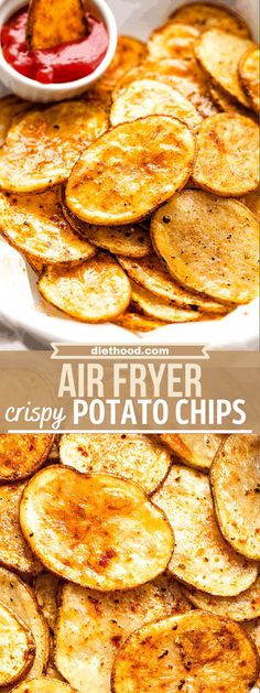 air fryer crispy potato chips with ketchup on the side