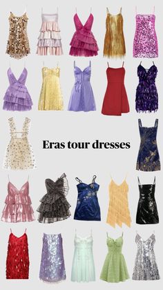 a bunch of dresses that are in different colors and sizes, with the words eras tour dresses