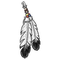 a drawing of a feather with beads hanging from it's end, on a white background