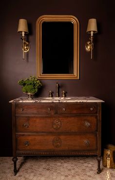 a bathroom vanity with a mirror above it and a plant on the counter top next to it