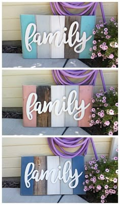 three different signs with the words family on them and flowers in front of a house