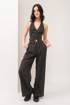 model is wearing Black Stripe Vest Pants Set Black Vest Set, Vest With Pants Outfit, Striped Vest Outfits For Women, Pinstripe Outfit Woman, Vest As A Top, Pants Prom Outfit, Vest Pant Suit Women, Black Suit Vest Outfit Women, Pin Stripe Suit Women