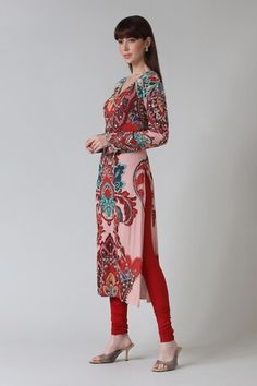 Red long sleeves A-line kurta with all over damask art print and mirror, beads embroidery detailing. Paired with a churidar and dupatta. - Aza Fashions Bohemian Long Red Sets, Red Fitted Kurta With Printed Motifs, Fitted Red Kurta With Printed Motifs, Fitted Red Floral Print Kurta, Embellished Red Long Sleeve Kurta, Damask Art, Red Damask, Red Kurta, Beads Embroidery