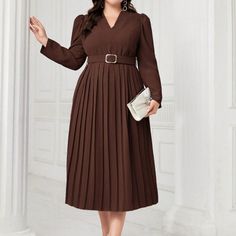 Shein Curve Modely Color: Coffee Brown Long Sleeve Puff Shoulder Pleated Hem Midi Length Belted Waist V Neckline Plus Size 2x Plus Size Church Outfits, Cute Church Dresses, Red Palette, Church Outfit, Frock For Women, Brown Long Sleeve, Shein Dress, Church Dresses, Color Coffee