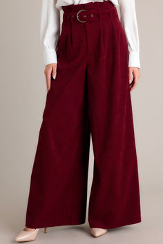 When you have to choose between "those" drab dress pants and these polished burgundy wide leg pants - I know you will choose the latter! You are always Keeping It Classy, in the office and beyond! These burgundy pants feature a paper bag style waistline, an adjustable belt, a zipper closure, and very flowy legs. Model is wearing an x-small. • 97% Polyester, 3% Spandex • Hand Wash Cold • Unlined • Imported Burgundy Pants, Sorority Rush Dresses, Cardigan Crop Top, Rush Dresses, Red Dress Boutique, Dress Bra, Long Crop Top, Corduroy Pants, Friend Outfits