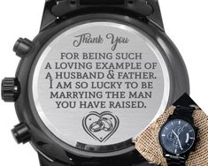 Our Sentimental Father of the Groom Gift is a token of gratitude and appreciation for the father figure who has played a significant role in your husband's life.  This engraved watch is not just a stylish accessory; it's a heartfelt expression of love and respect. Make the wedding day even more special for the father of the groom. The stainless steel construction guarantees durability and longevity, making it a timeless keepsake. We carefully engrave each watch with precision. It is a testament Father's Day Stainless Steel Watch Gift, Silver Watches For Father's Day Gift, Father's Day Gift Stainless Steel Watch, Stainless Steel Watch As Father's Day Gift, Stainless Steel Watches For Father's Day Gift, Personalized Anniversary Watches, Personalized Stainless Steel Watches For Anniversary, Father Of The Groom Gift, Father In Law Gifts