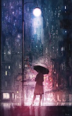 a woman holding an umbrella standing in the rain at night with city lights behind her