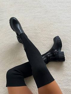 DETAILS Sock boots Cotton lining Round toe Pull-on Low heel Suggest 1 size up High Thigh Boots, Knit Boots, Thigh Boot, Stylish Boots, Tallinn, Round Toe Heels, Long Boots, Outfit Casual, Boots Outfit