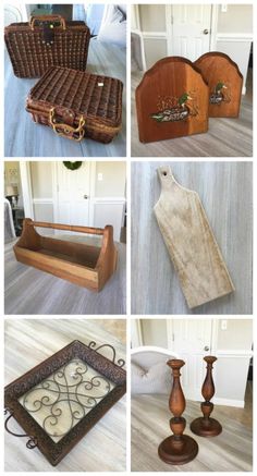 several different types of wooden furniture on the floor and in front of them are pictures of old suitcases