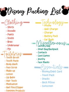 the disney packing list is shown in this image