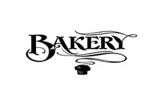 the word bakery written in cursive type with a cupcake on it's side