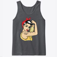 a women's tank top with an image of a woman holding a corn cob