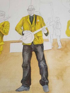 a drawing of a man in a yellow jacket playing an electric guitar with other people standing around him