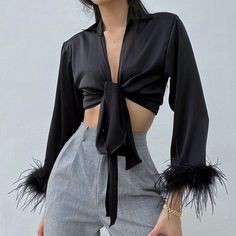 get 20% off for your first order Crop Top Styles, Spring Fashion Chic, Bow Crop Tops, Satin Shirts, Feather Fashion, Satin Crop Top, Pullover Mode, Streetwear Tops, How To Hem Pants