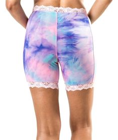 Be at peace with your inner hippie in these tie dye women's bike shorts. Pink stretch lace at the hem and waistband finish the look with a feminine touch. 80% polyester/20% spandex give these shorts plenty of stretch for a comfortable wear all day. Lined crotch. Lays smooth under a skirt or dress thanks to flat seams and no chamois or other padding. Keeps you covered when the wind picks up. Pair them with our purple skirt, or wear them alone and be the hippest girl in your yoga class! Hand or ma Be At Peace, Slip Shorts, Tie Dye Women, Purple Skirt, Womens Bike, At Peace, Yoga Class, Stretch Lace, Bike Shorts