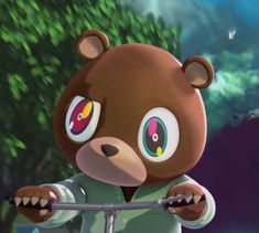 a brown bear with big eyes riding a bike