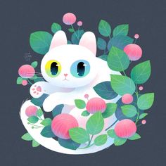 a white cat sitting on top of a lush green leaf filled plant with pink flowers