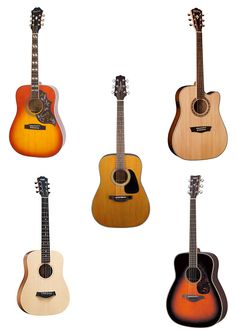 four guitars are shown in different colors and sizes