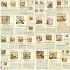 an old fashioned wallpaper with many pictures and words on it's sides, including the