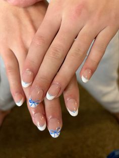 blue bow nails french tips almond nails gel nails coquette French Top Oval Nails, Almond Nails Designs Bow, Chrome French Tip With Bow, Bow Nails French Tip, Blue Ribbon Nails, Bow Almond Nails, French Tip With Bow Nails, Shirt Almond Nails, Almond Nails With Bow