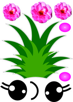 a pineapple with three pink flowers on it's head and two black eyes