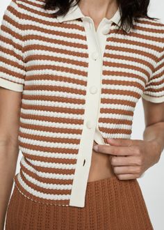 Combined knitted T-shirt Fabric Crochet, Striped Knitwear, Color Caramelo, Crochet Fabric, Knitted Tshirt, Knitted Fabric, Shirt Style, Knitwear, Mango