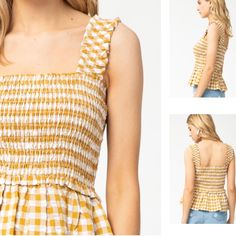 Gingham Print Sleeveless Smocked Peplum Top Featuring Square Neck Detail. New Without Tags Size Large Made Of Polyester And Spandex Summer Sleeveless Gingham Top, Sleeveless Ruffled Tops For Picnic, Sleeveless Gingham Tops For Day Out, Spring Yellow Cotton Smocked Top, Summer Yellow Smocked Top With Ruffles, Yellow Smocked Top With Ruffles For Summer, Casual Yellow Smocked Top With Ruffles, Yellow Cotton Smocked Top, Casual Gingham Top With Smocked Back