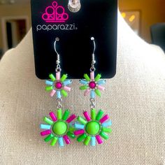 Multicolored Flower Earrings Fish Hook Style Green Dangle Flower Earrings For Party, Green Dangle Flower Earrings For Spring, Trendy Green Dangle Flower Earrings, Playful Jewelry With Matching Earrings For Party, Green Dangle Earrings For Spring, Drop Earrings For Spring Party, Green Flower Earrings For Party, Spring Green Dangle Earrings, Green Earrings For Spring