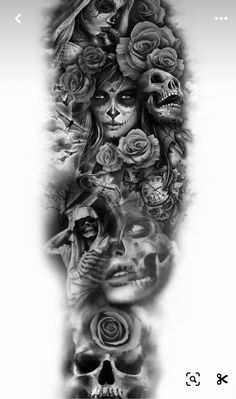 a black and white photo of a skull with roses on it