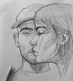 a pencil drawing of a man and woman's face with their noses close to each other