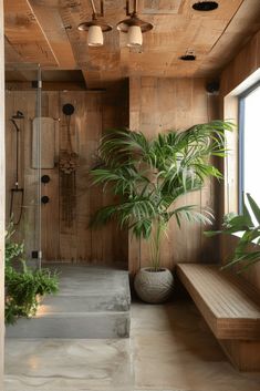 a bathroom with wood paneling and plants in the corner, including a potted plant