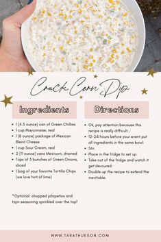 a hand holding a bowl of corn dip with ingredients in it and the recipe below