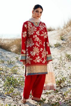 Red Salwar Kameez Pakistani Eid Dress in Premium Lawn is all ready to set the style on your Eid party in embellished lawn base with thread work on kameez, salwar, and dupatta with embellished chiffon dupatta base. Daman Design, Dress Designs For Girls, Eid Dress, Lawn Design, Detailed Embroidery, Salwar Kamiz, Eid Dresses, Pakistani Dress, Lawn Suits