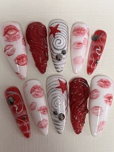 Nail Press On Designs, Grunge Valentines Nails, Alt Valentines Nails, Emo Valentines Nails, Red Nails Y2k, Y2k Red Nails, Y2k Nails Red, Romantic Goth Nails, Red Y2k Nails