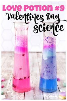 two vases filled with liquid and the words love potion 9 valentine's day science