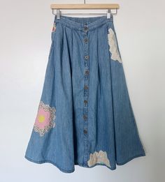 Reworked denim skirt with vintage quilt top patches and a cyanotype clover patch.  Waist has elastic and fits waist size 24"- 29"  Length 32"  -side seem pockets Reworked Denim Skirt, Reworked Denim, Womens Skirts, Vintage Quilt, Jeans Rock, Vintage Quilts, Quilt Top, Waist Size, Denim Skirt