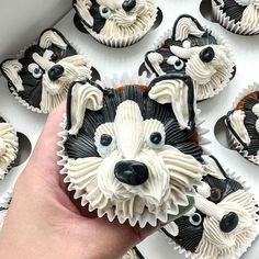 cupcakes decorated with black and white icing are being held by a hand