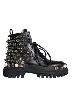 Dolce & Gabbana Black Leather Studs Embellished Combat Boots Shoes Fashionsarah.com Ella Tote, Tory Burch Ella, Womens Combat Boots, Boot Pumps, Footwear Design Women, Wedge Boots, Boots Shoes, Dolce & Gabbana, Leather Accessories