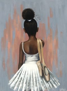 a painting of a girl in white dress with ballet shoes on her head and back to the camera